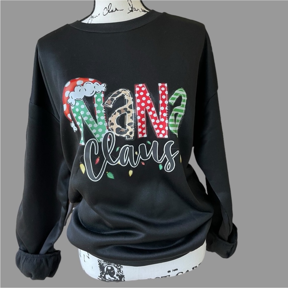 Nana Claus Christmas Sweatshirt Women’s L Black Grandma Holiday Pullover